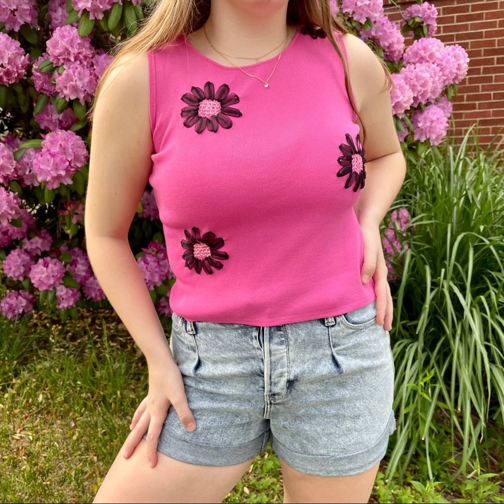 Joseph A. Hot Pink Tank Top Black Ribbon Flowers